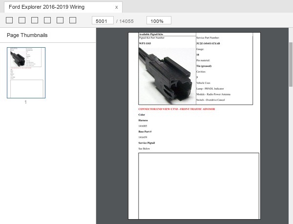Ford Explorer 2016-2019 connector end view with pigtail kit and pin data