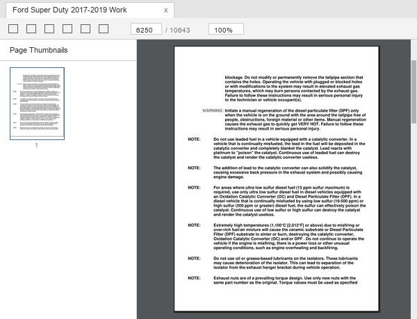 Ford Super Duty 6.7L diesel particulate filter manual regeneration warnings sample page